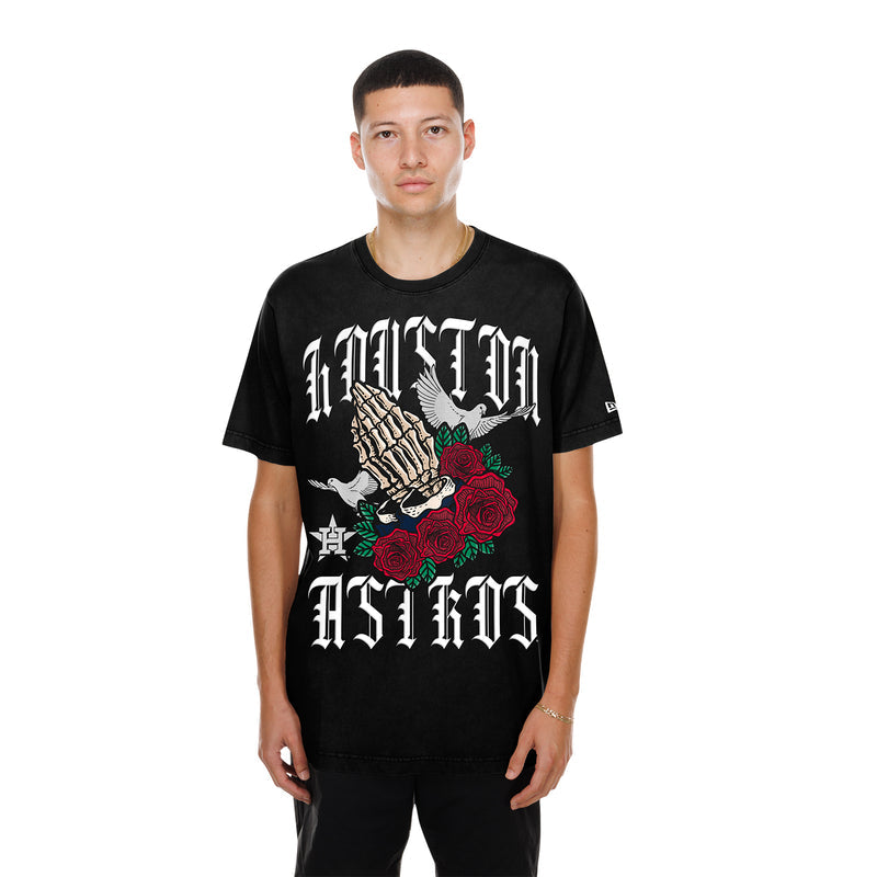 Men's black graphic tee worn model, gothic hand and red rose front print