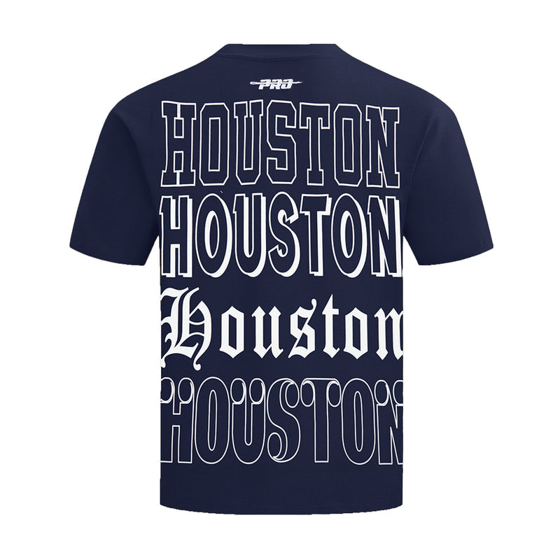 Men's navy Houston Astros tee, back with large stacked HOUSTON lettering graphic