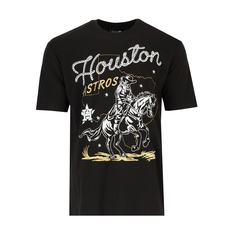 Men's black graphic western tee with Houston Astros logo and cowboy on horse front print