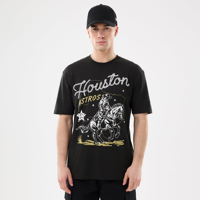 Men's black western graphic tee with Houston Astros logo and cowboy-on-horse chest print