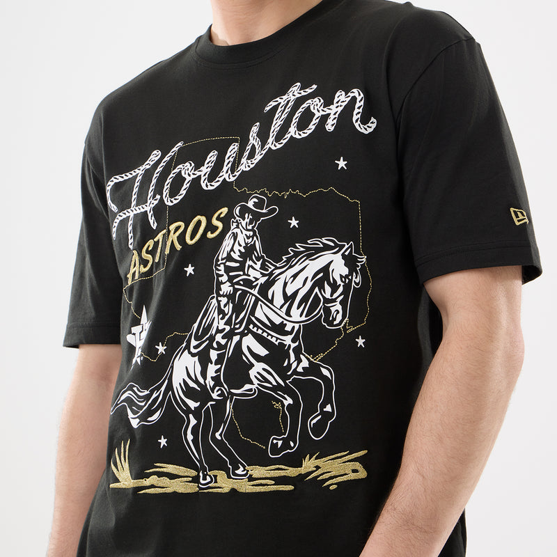Men's black western graphic tee with Houston Astros cowboy-on-horse front logo