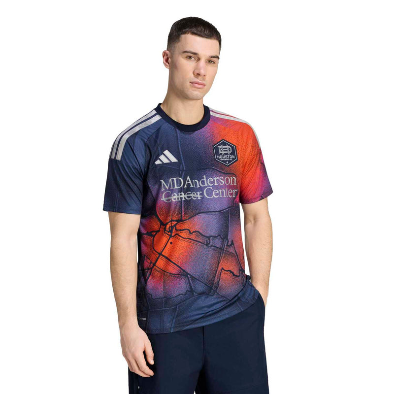 Men's replica soccer jersey, navy with orange-red front graphic and side stripes