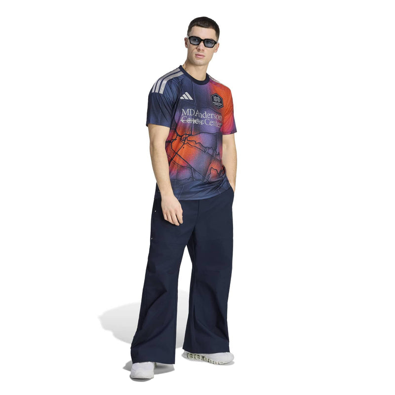Men's replica soccer jersey, navy with orange-red front graphic, side view
