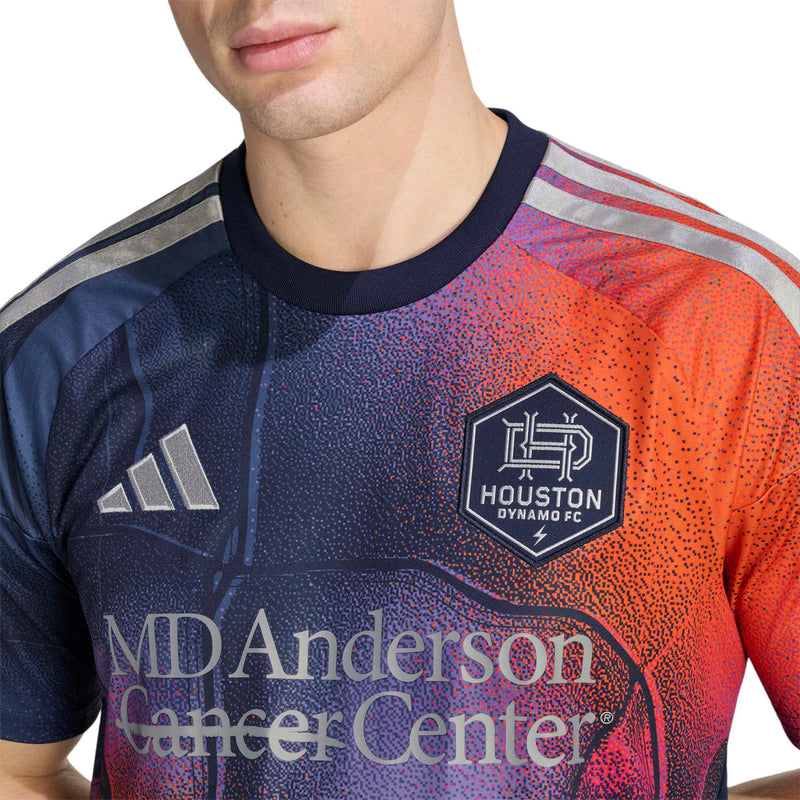 Men's replica soccer jersey close-up: navy/orange graphic, Houston FC crest, striped shoulders