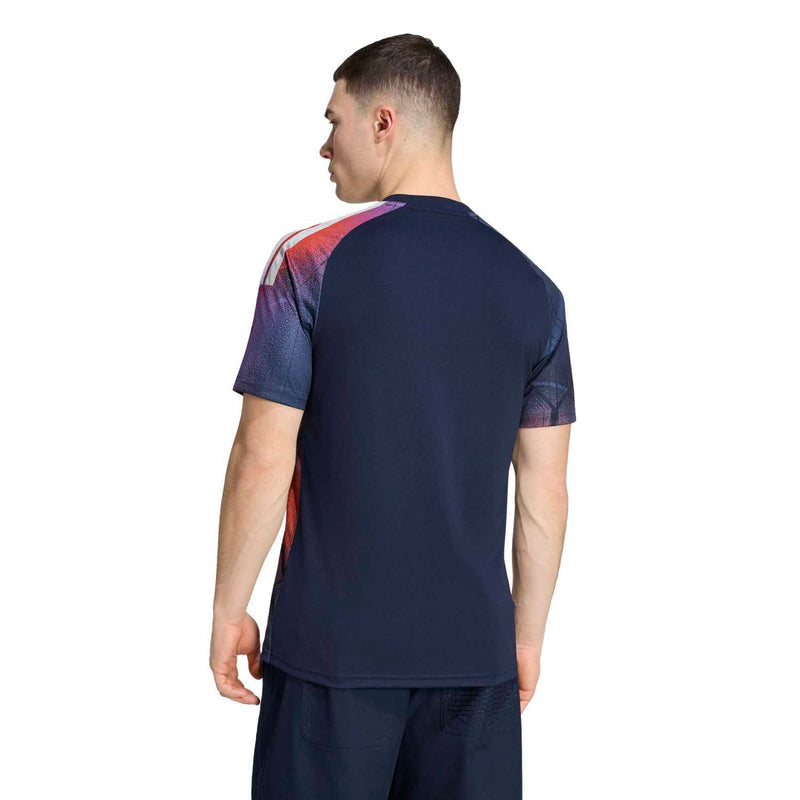 Men's replica soccer jersey back view in navy with orange-red shoulder accents