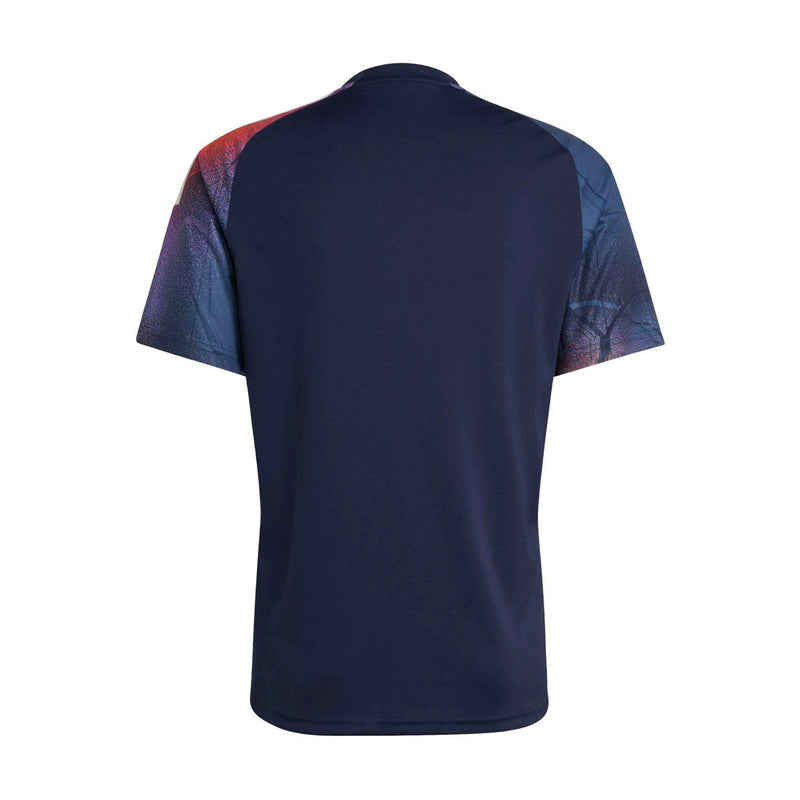 Men's replica soccer jersey back view, solid navy with orange-red gradient shoulders