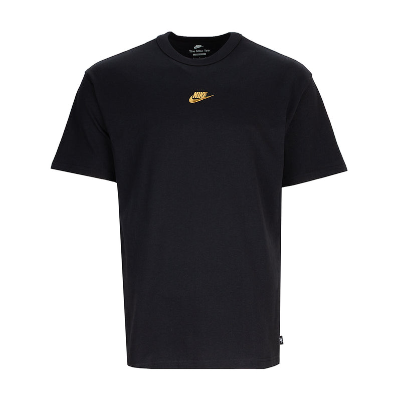 Men's black Nike short-sleeve t-shirt with small gold swoosh logo