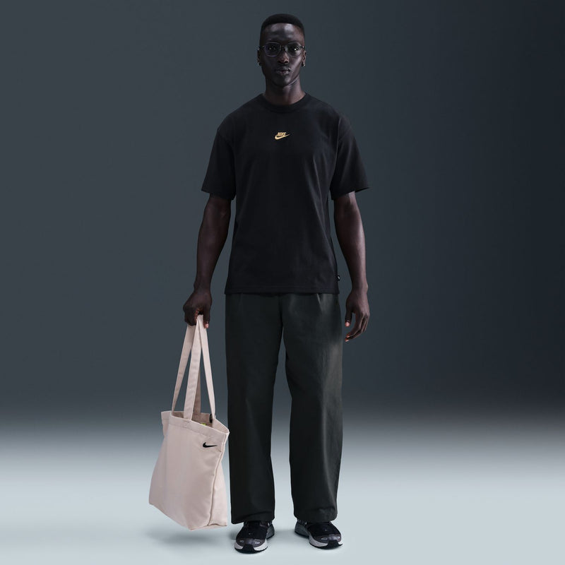 Men's black Nike short-sleeve t-shirt with gold swoosh logo, back and front views