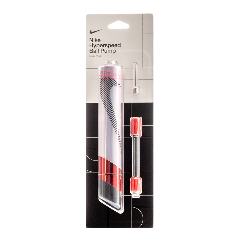 Nike Hyperspeed ball pump with clear cylinder, red handle, and black swoosh design