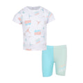 Toddler bike short set: white graphic T-shirt with mint-blue bike shorts