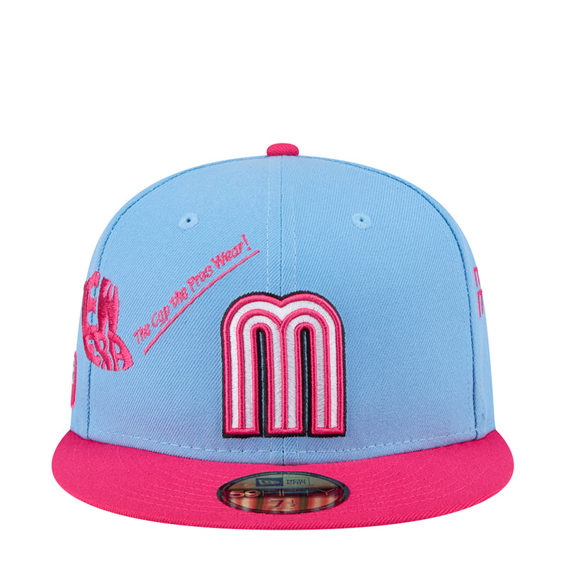 Sky blue and red two-tone baseball cap with bold M logo and snapback