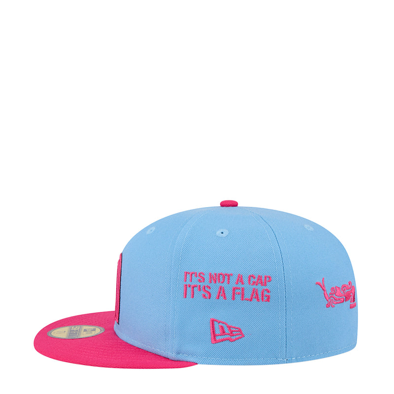 Sky blue baseball cap with red brim and front slogan embroidery