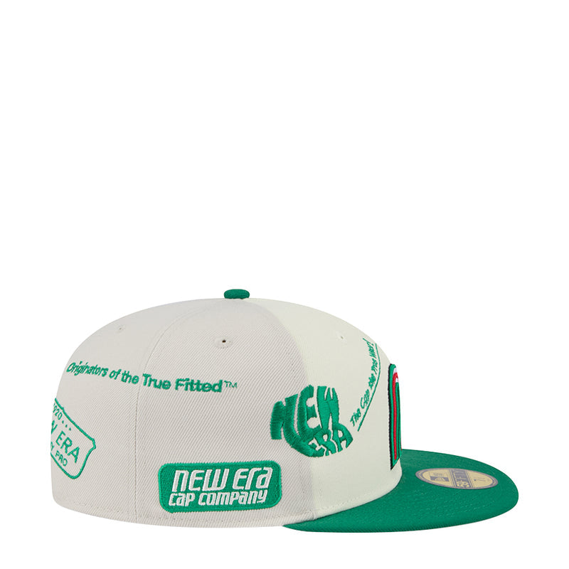 3-tone fitted cap with cream crown and green brim; New Era Lap Company badge