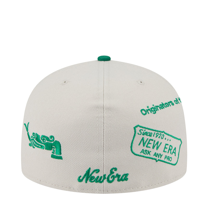 3-tone fitted cap with cream crown and green brim; New Era Ask patch and green icon