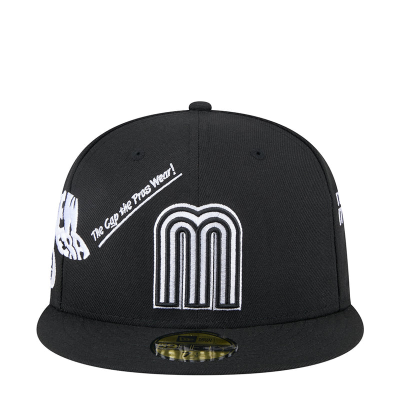 Black snapback cap with white arched M logo and embroidered side text