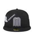 Black snapback cap with white arched M logo and embroidered side text