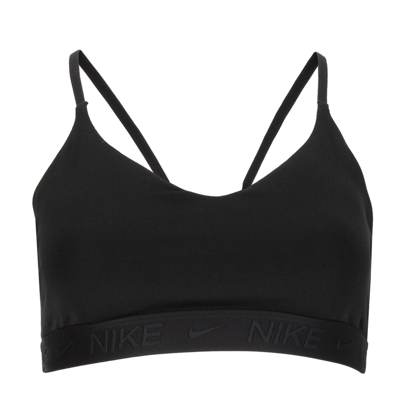 Black sports bra with wide underband and thin racerback straps, Nike logo