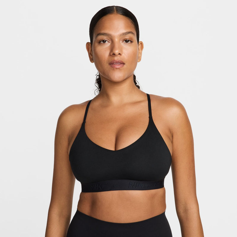 Black sports bra with thin V-neck straps and low-profile underband