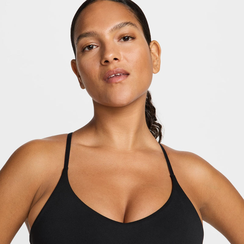 Black sports bra with V neckline and thin adjustable straps