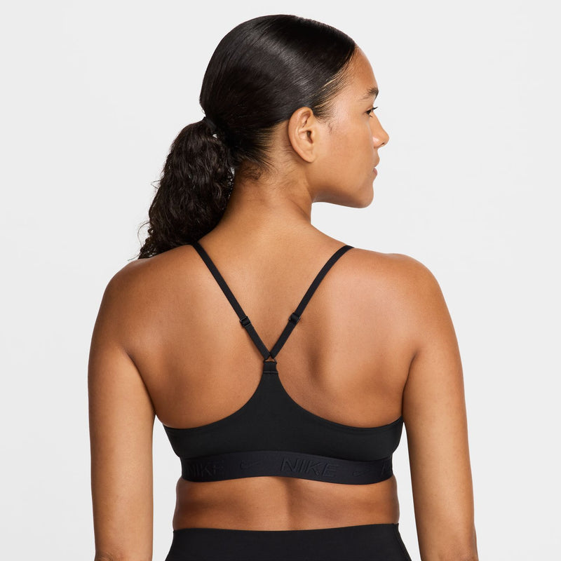 Black racerback sports bra with logo underband and open back design