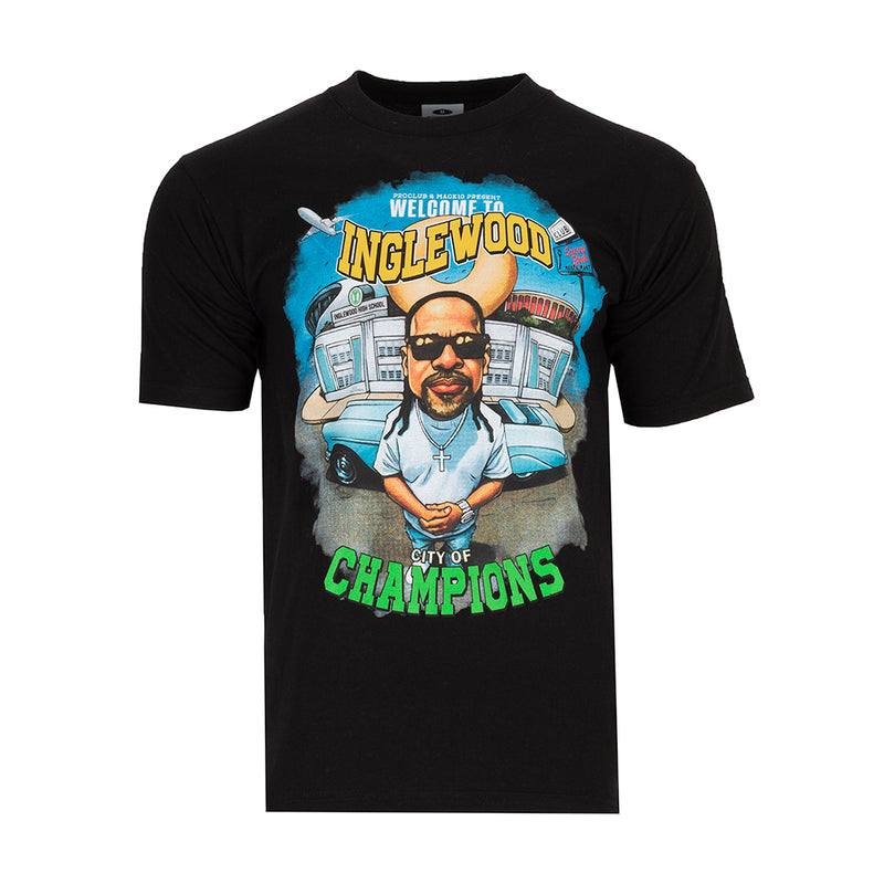 Men's black crew-neck graphic T-shirt with front city champs print