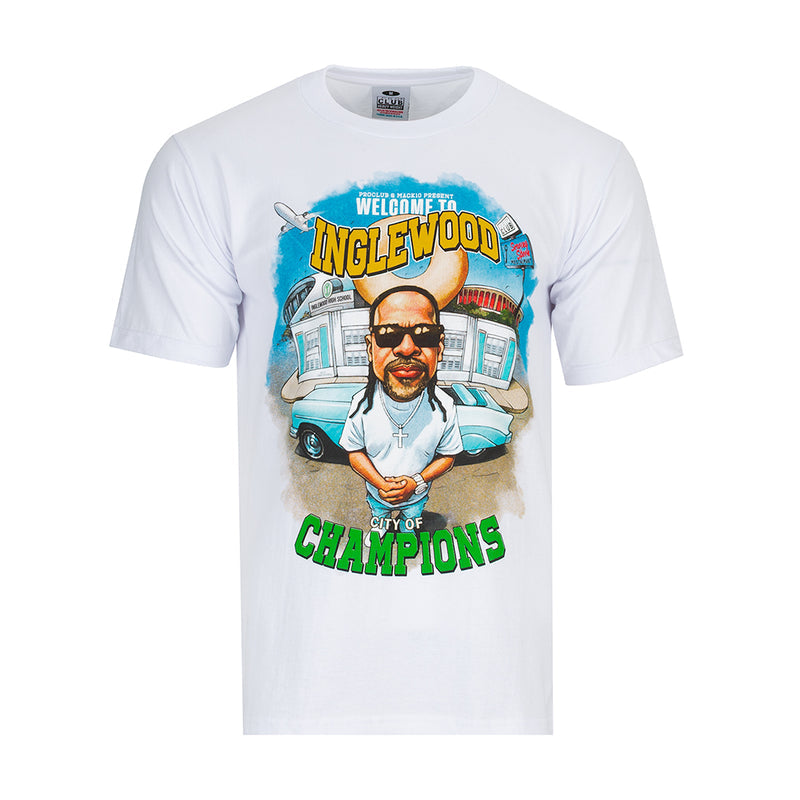 Men's white crew-neck T-shirt with large Inglewood Champions front graphic