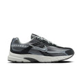 Men's running shoes in dark gray with metallic silver accents, lace-up, chunky sole