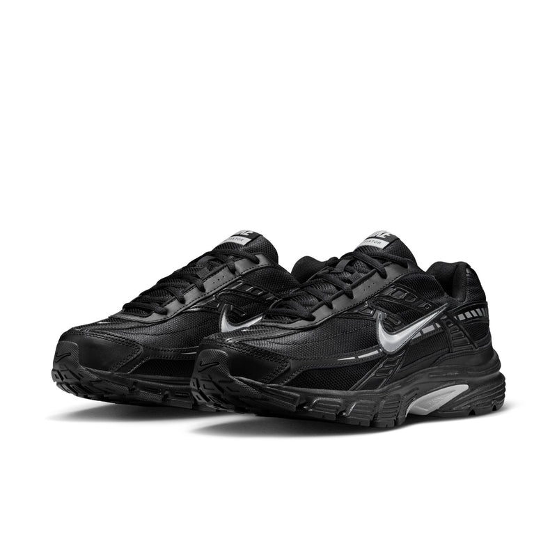 Men's Nike Initiator black sneakers, side view with silver Swoosh and lace-up