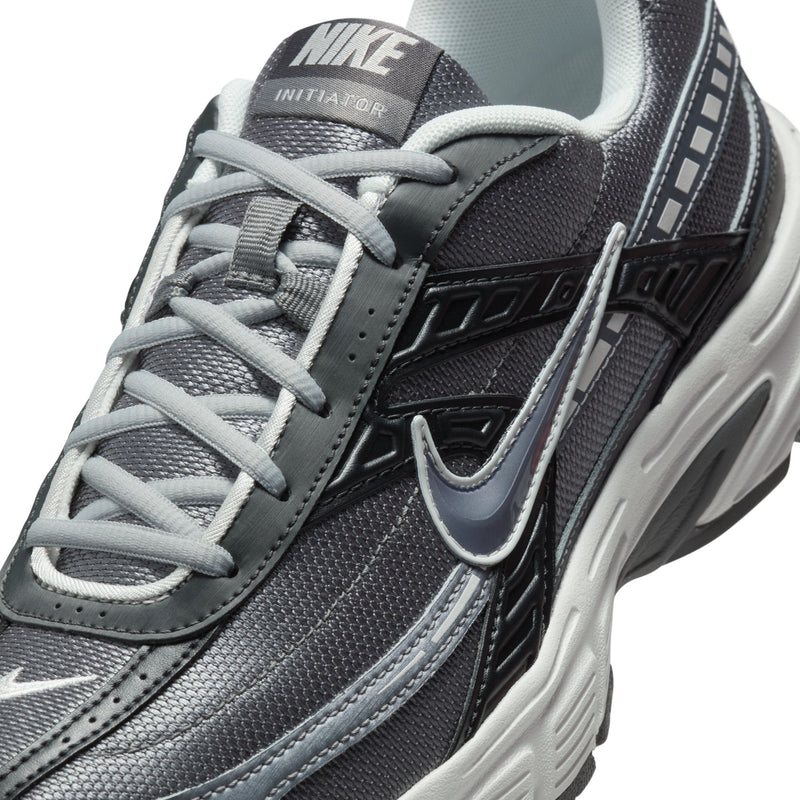 Men's sneaker upper close-up with lace-up ties, Nike swoosh, and gray paneling