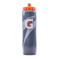 30oz insulated water bottle, gray speckled with sports logo and orange lid