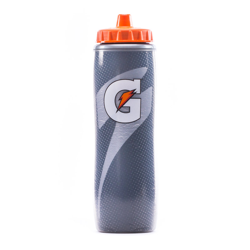 30oz insulated water bottle, gray speckled with sports logo and orange lid