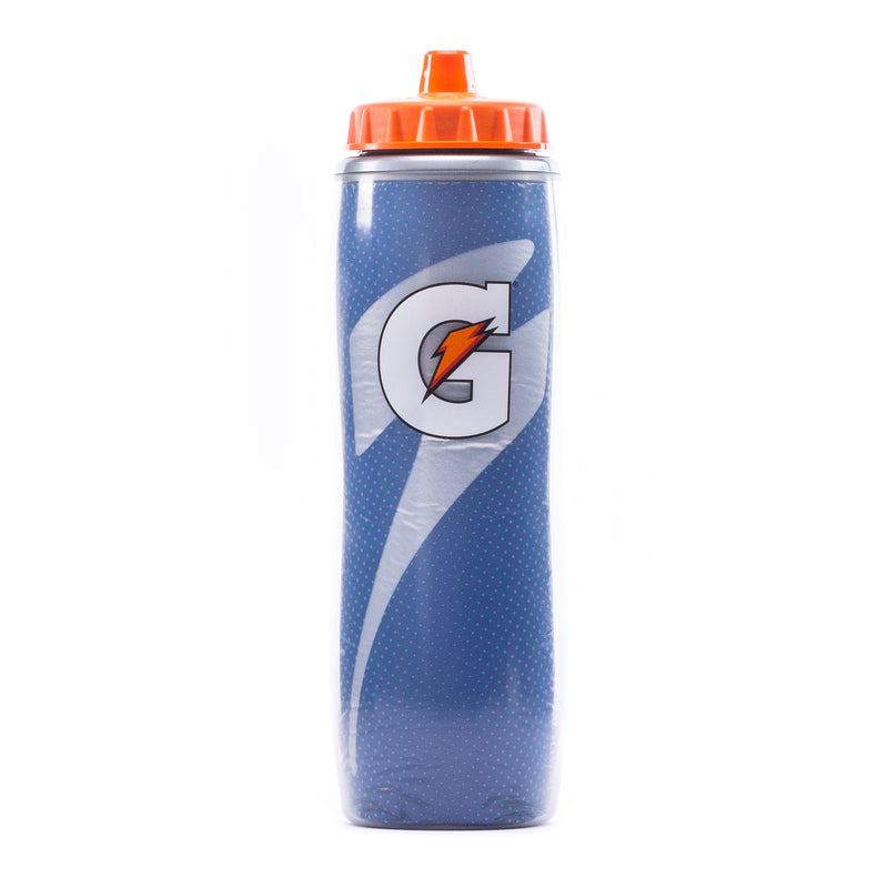 30oz royal blue insulated water bottle with orange flip-top lid and lightning logo
