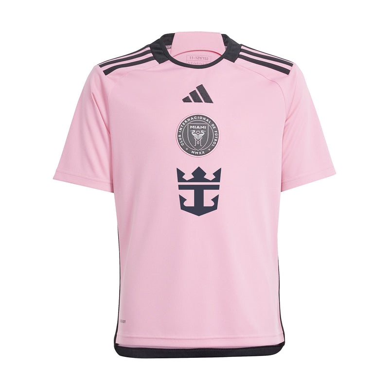 Youth Inter Miami home soccer jersey in easy pink with black adidas stripes