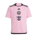 Youth Inter Miami home soccer jersey in easy pink with black adidas stripes