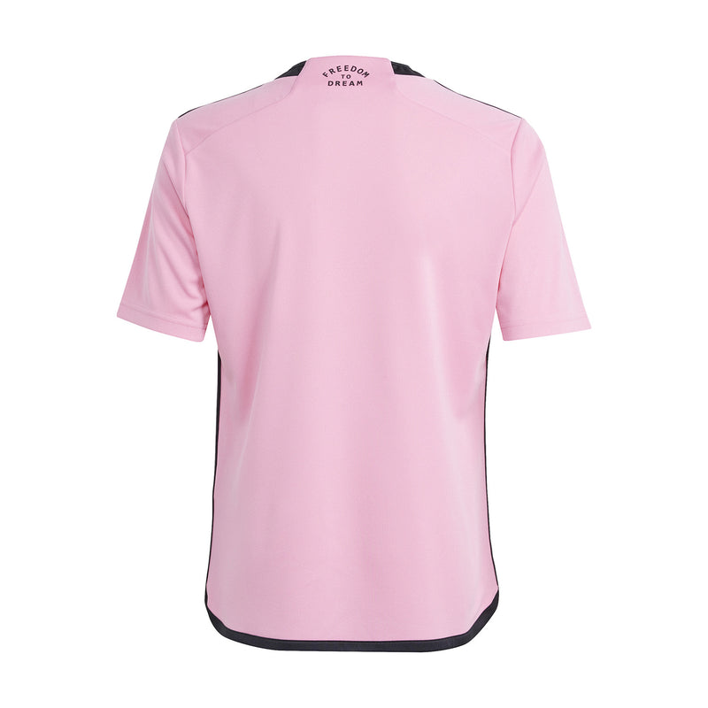 Youth Inter Miami home jersey in easy pink, back view with small branding