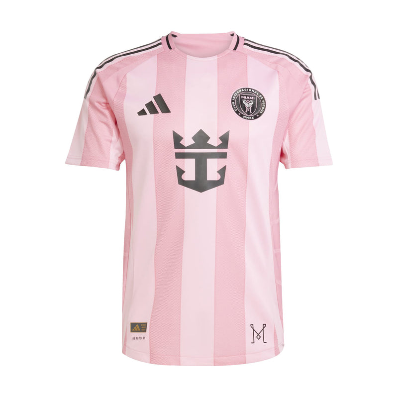 Men's Inter Miami pink soccer jersey with vertical stripes and crest on chest