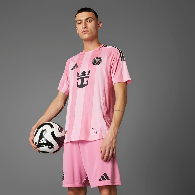 Men's Inter Miami easy pink jersey, vertical stripes, crest and Messi-style graphic