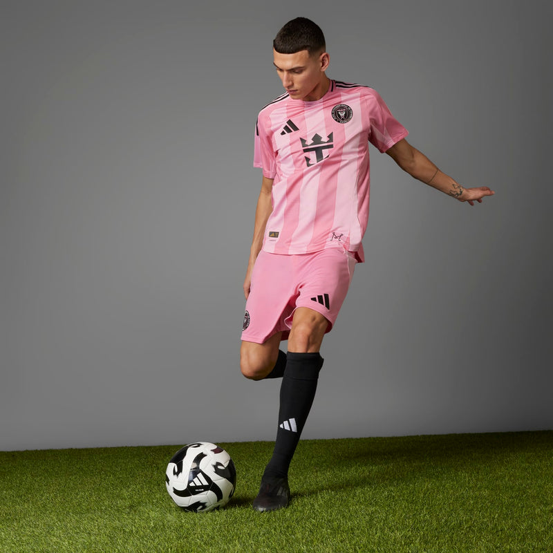 Men's Inter Miami pink soccer kit with matching shorts, jersey shows front team crest