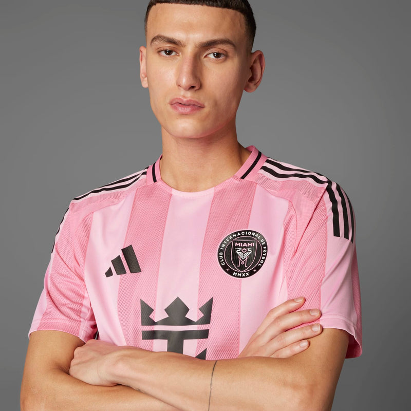 Men's Inter Miami easy pink jersey close-up with crest and bold chest graphic