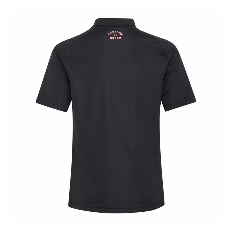 Youth black away soccer jersey back view with pink Freedom to Dream text
