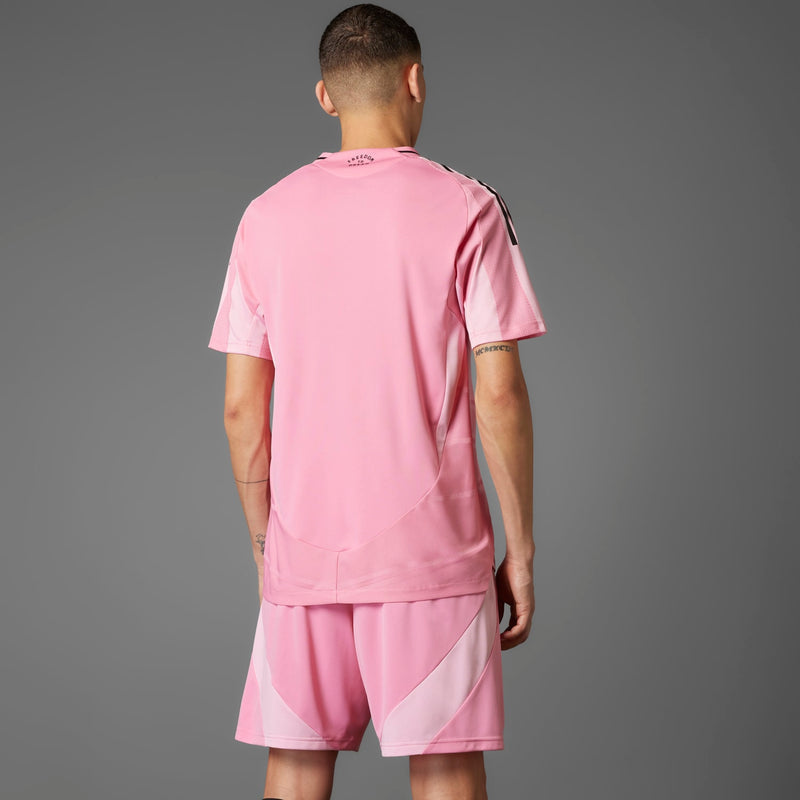 Men's light pink home soccer jersey back view with black adidas shoulder stripes
