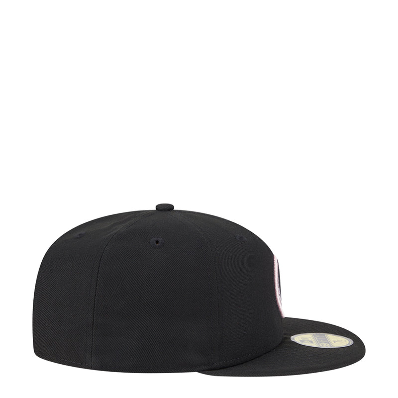 Black baseball cap, side view with flat brim and low-profile crown