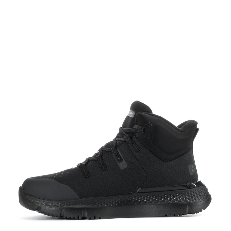 Black mid steel-toe work boot side view, lace-up and rugged tread sole