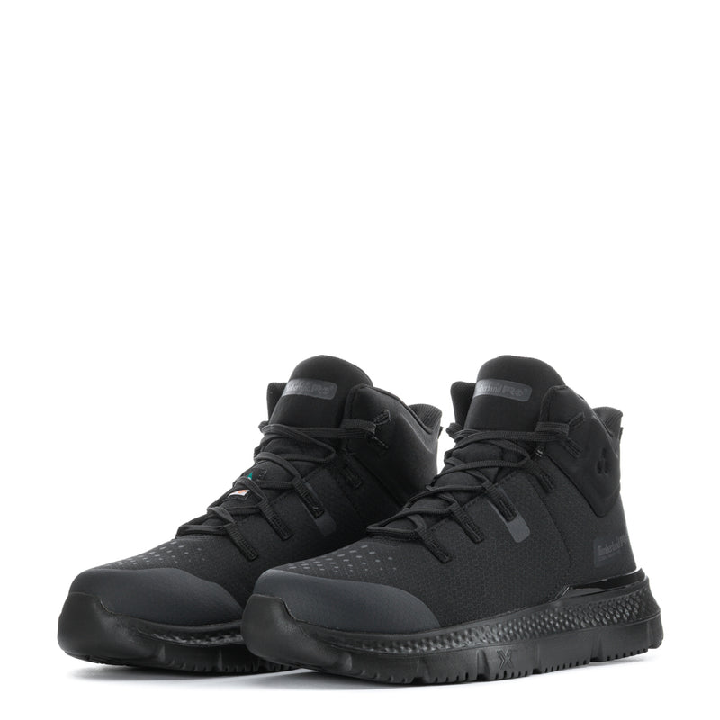 Pair of black mid steel-toe work boots, lace-up with textured outsole
