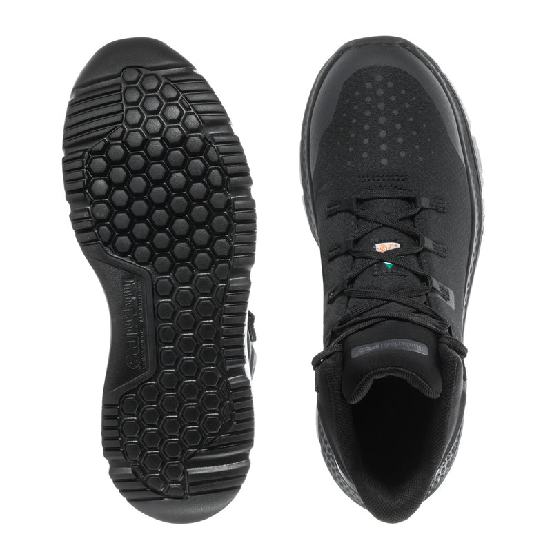 Black boot outsole and toe opening view, hex-pattern tread with laced upper