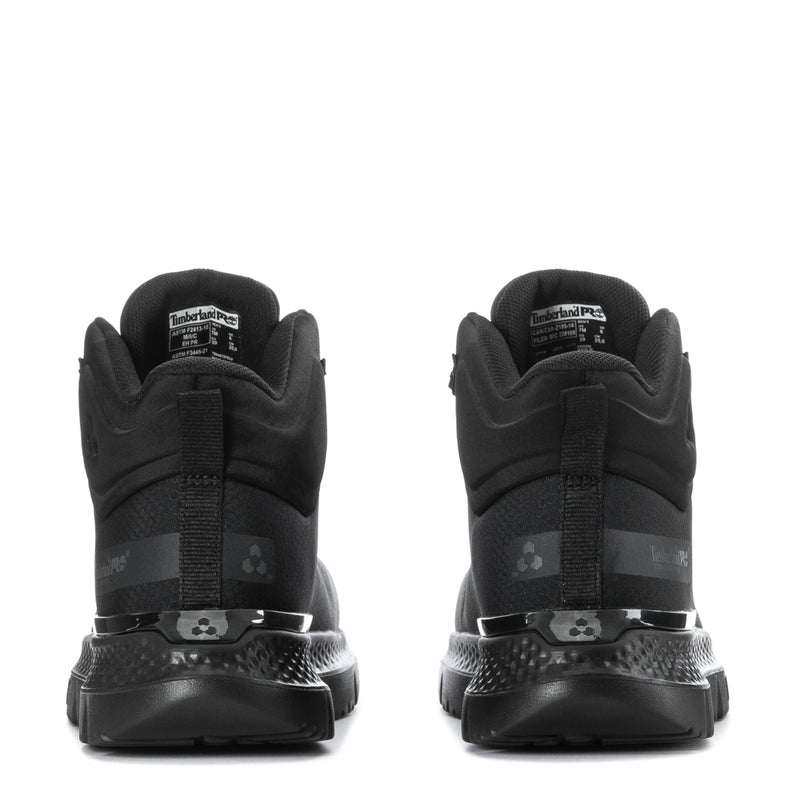 Black mid steel-toe boots rear view, padded heel collar and pull tab