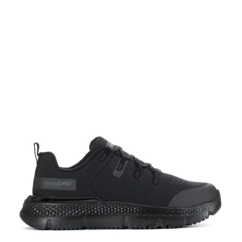 Men's black steel-toe lace-up work shoe with textured rubber sole