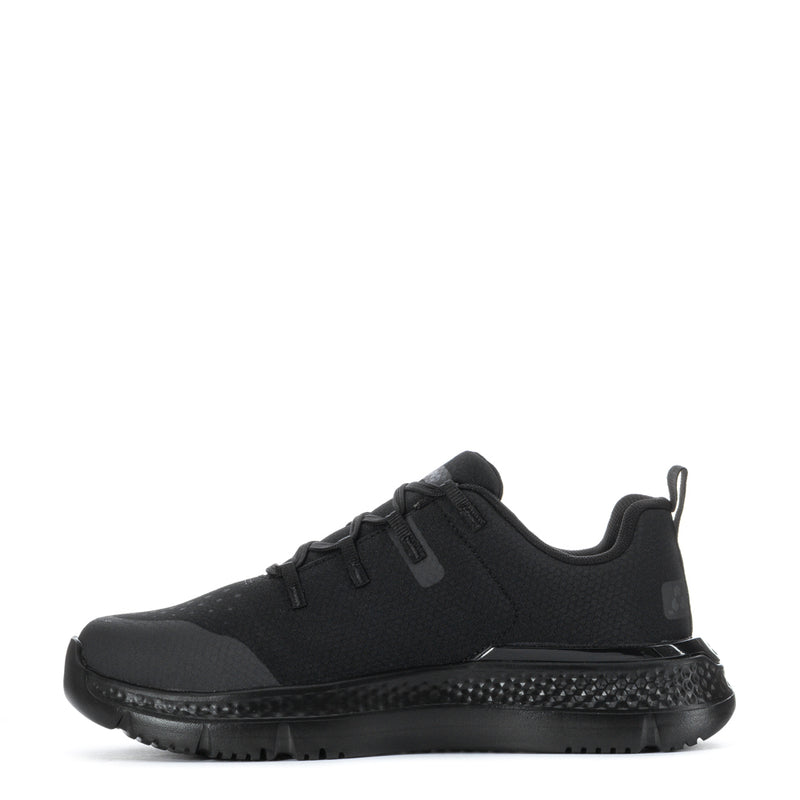 Men's black steel-toe lace-up work shoe, low-profile rubber sole