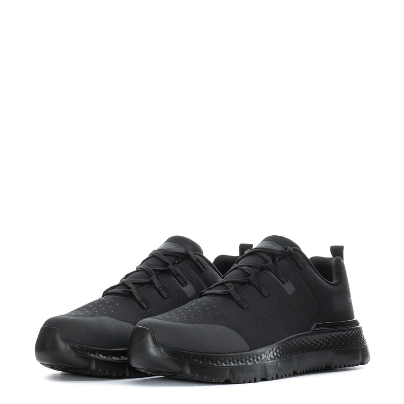 Men's black steel-toe lace-up work shoes side-by-side with rubber outsoles