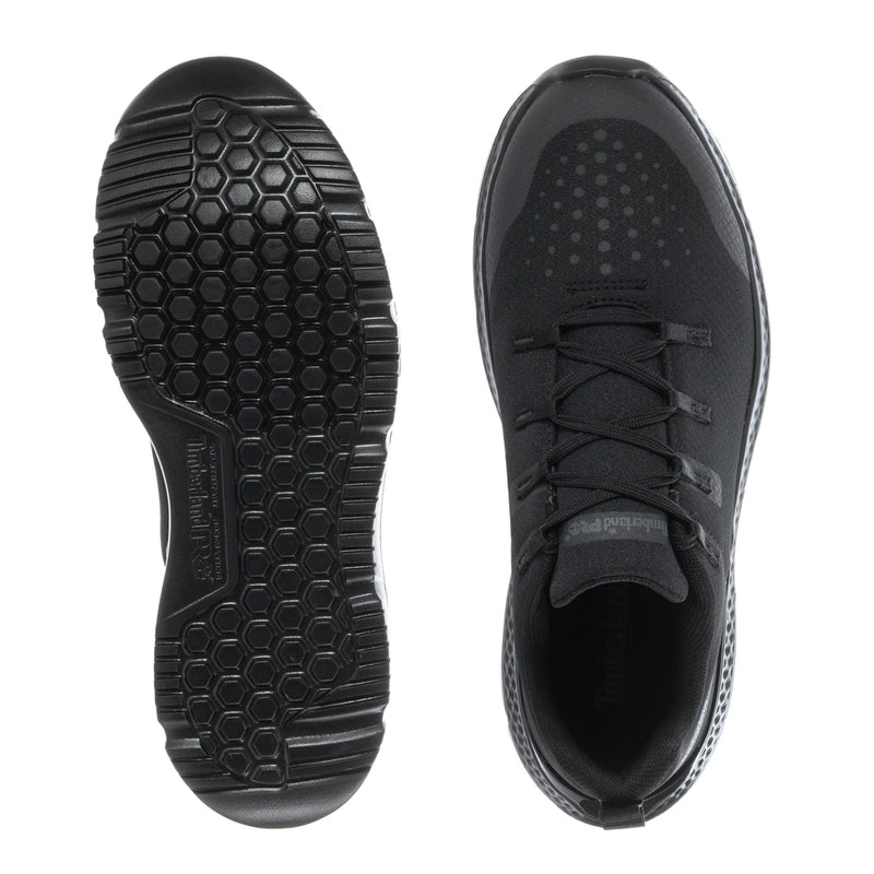 Pair of men's black steel-toe work shoes, hex tread rubber outsoles